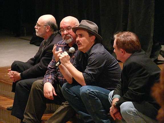 Dennis Paoli, Stuart Gordon, Jeffrey Combs and Mark Redfield during an audience question and answer session, after a performance of Nevermore in Baltimore in 2010. (Photo: Jennifer Rouse)